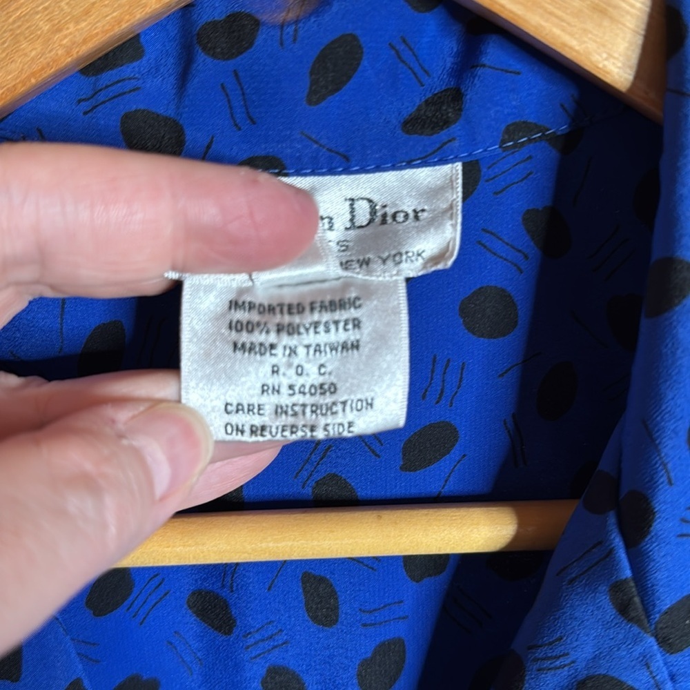 Vintage Christian Dior Chemises Blue Polka Dot Button Down Blouse 80s Size 10 - Picture 8 of 10